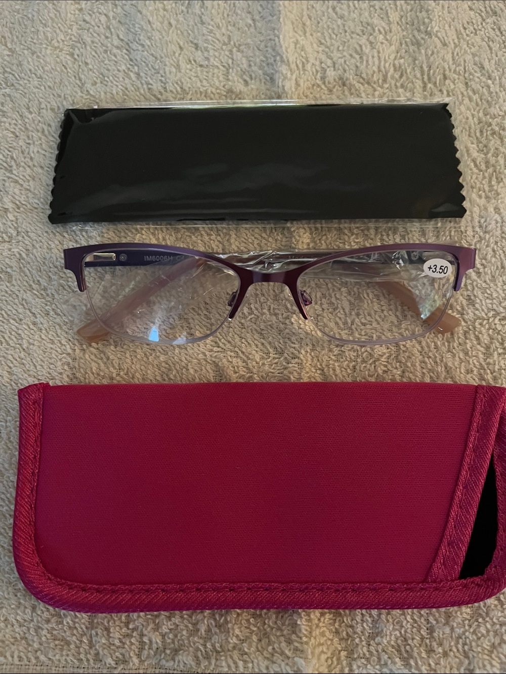 3.50 Diopter Half Rim Reading Glasses with Case and Cleaning Cloth